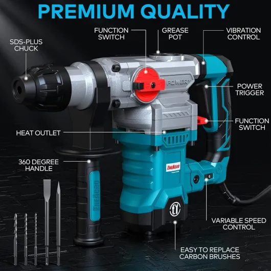 Réglable,Souple Marteau Perforateur, 1500W 6J, 6 Vitesses, 4 Fonctions & Plus Rapidement Changer Le Mandrin SDS-Plus, Embrayage de Sécurité & Technologie Anti-vibration Contrôle de la vitesse