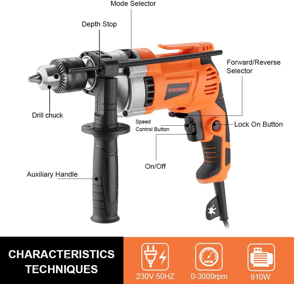 Perceuse électrique 910W 0-3000 tr/min, Perceuse à Percussion Filaire avec 115 Pièces Caisse à Outil Complete, Fonction 2 en 1, Mandrin de Perçage 13 mm, pour Béton, Métal et Bois