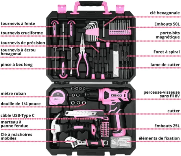 Caisse a Outil Rose Avec Perceuse Visseuse Multifonction Sans Fil 8V, 126 Pièces Malette Outils complete, Ensemble d'Outils avec Perceusepour Réparation, Entretien et Travail