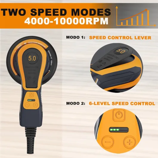 Ponceuse electrique sans balais de 150 mm, Ponceuse orbitale 5,0mm, Frein automatique-2s, 6 vitesses réglables et 10 feuilles de papier de verre incluses, Câble de 5M 5.0-150MM