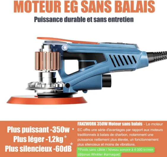 FANZWORK Ponceuse Excentrique 150 mm, Ponceuse Orbitale avec une Course Abrasive de 5 mm, Moteur EC sans Balais de 350 W, 7 Vitesses jusqu'à 10 000 tr/min, 15 Disques Abrasifs, avec Mallette - Set avec valise/assiette de rechange