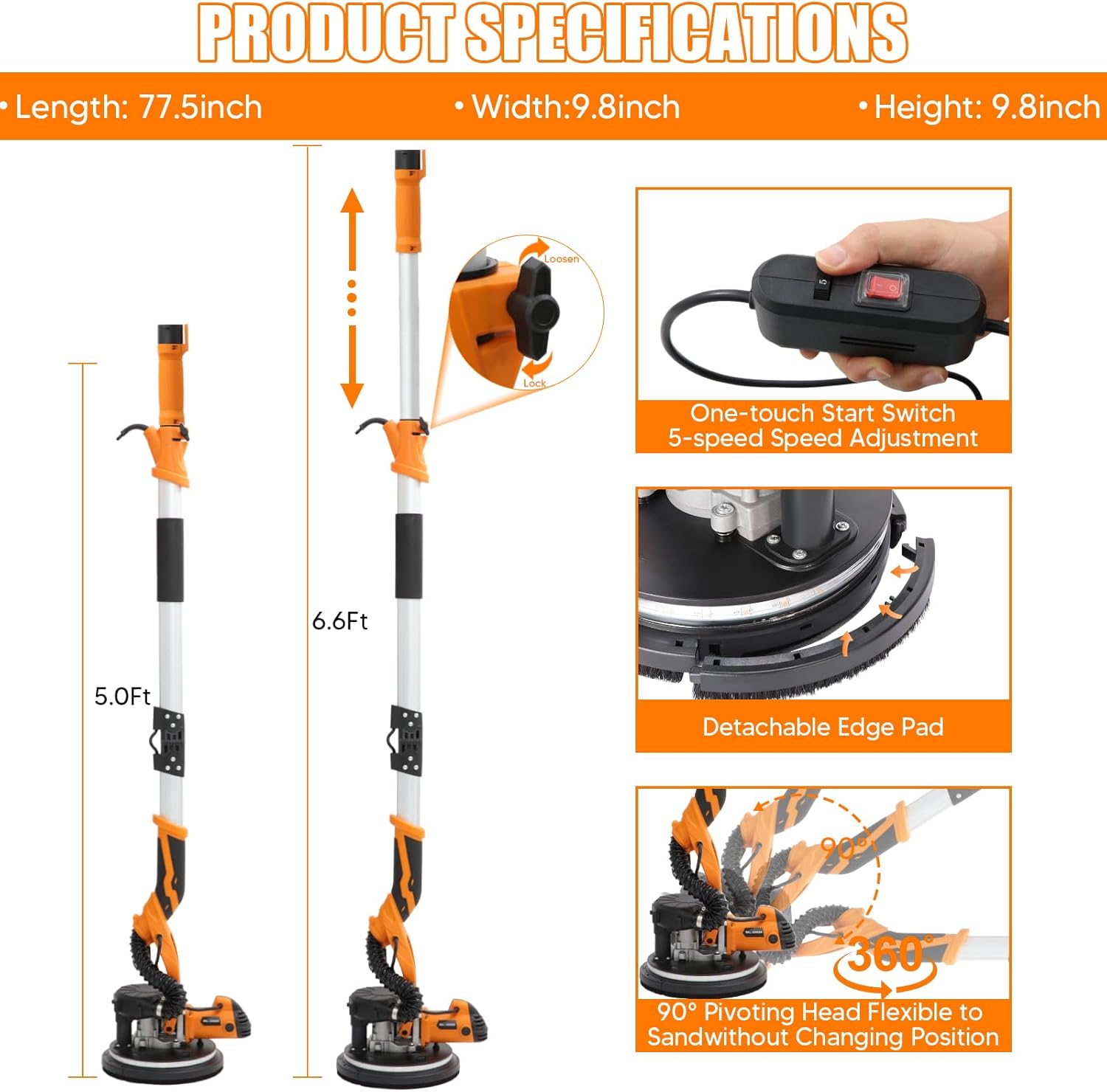 Ponceuse Girafe, 1250W Ponceuse Mur et Plafond, 5 Vitesses Variables 500-1800RPM avec poignée télescopique avec bande lumineuse LED et sac de collecte de poussière par aspiration Pliable
