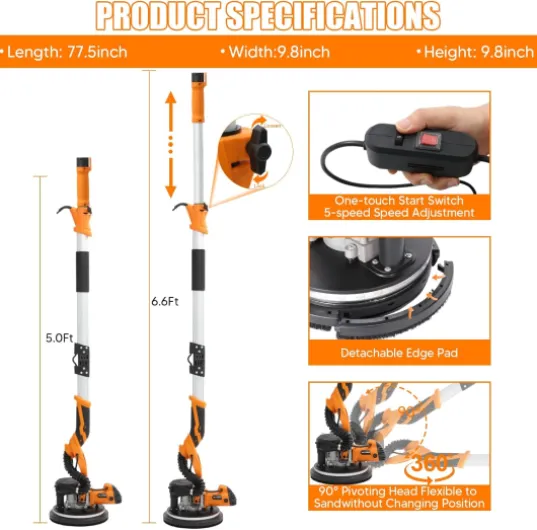 Ponceuse Girafe, 1250W Ponceuse Mur et Plafond, 5 Vitesses Variables 500-1800RPM avec poignée télescopique avec bande lumineuse LED et sac de collecte de poussière par aspiration Pliable