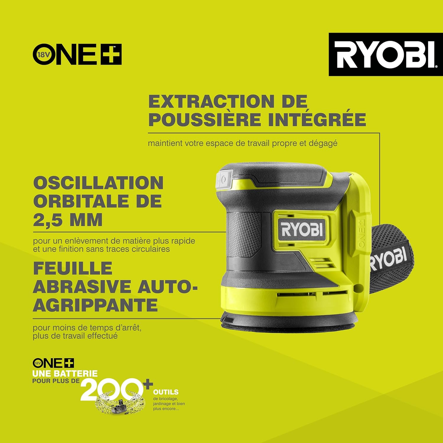 Ponceuse Excentrique Sans Fil 18V ONE+ RROS18-0 – Plateau Ø125 mm, Collecteur de Poussière, Mouvements Orbitaux Puissants – Finition Bois, Peinture, Métal – Batterie Non Incluse ONE+/18V Sans Batterie Excentrique