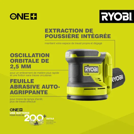 Ponceuse Excentrique Sans Fil 18V ONE+ RROS18-0 – Plateau Ø125 mm, Collecteur de Poussière, Mouvements Orbitaux Puissants – Finition Bois, Peinture, Métal – Batterie Non Incluse ONE+/18V Sans Batterie Excentrique