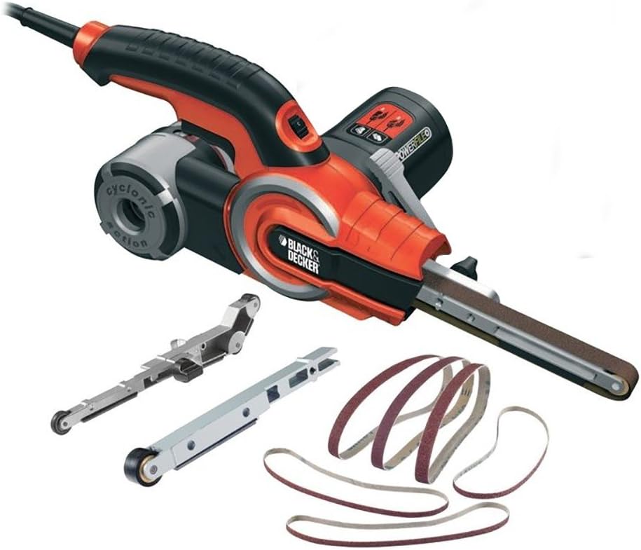 BLACK+DECKER Lime Électrique Filaire - 6 Bandes Abrasives - 3 Bras : Droit 13 mm/Droit 6 mm/Coudé 13 mm - Livrée en Coffret - Interrupteur Anti-Poussière 400W, 455 x 13 mm, KA902EK-QS Coffret Unique