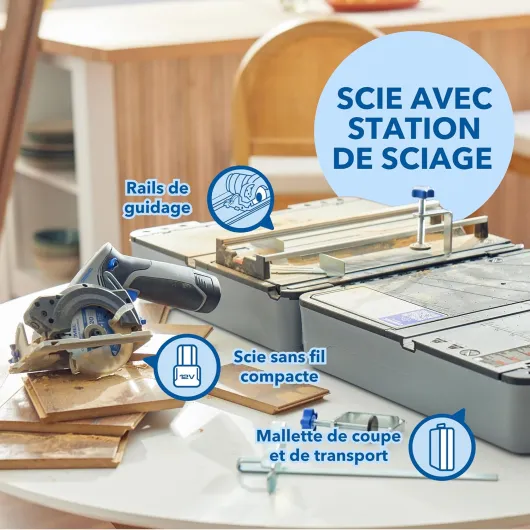 Blueprint 12V Station de Sciage Portative avec 1x Scie compacte sans fil 12V, 1x Station de sciage, 1x lame multi-matériaux, 1x guide de coupe, 2x Serre-joints