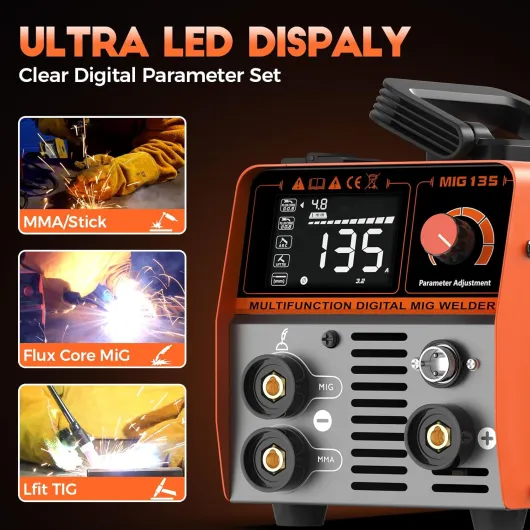 MIG135 Poste A Souder Fil Fourré Sans Gaz 135A 220V Synergie Des électrodes Poste à Souder 3 en 1 MIG/ARC/Lift TIG IGBT Inverter Poste A Souder avec Fil de 1.0mm,Pistolet Soudage MIG