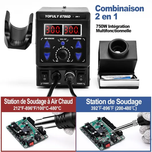 750W Station de Soudage et de Fer à Souder à Air Chaud, 2 en 1 Fer a Souder Pour Le Dessoudage Station Air Chaud 200~480°C Température Réglable 8786D Kit Station air Chaud (EU) 2 en 1 Station de Soudage