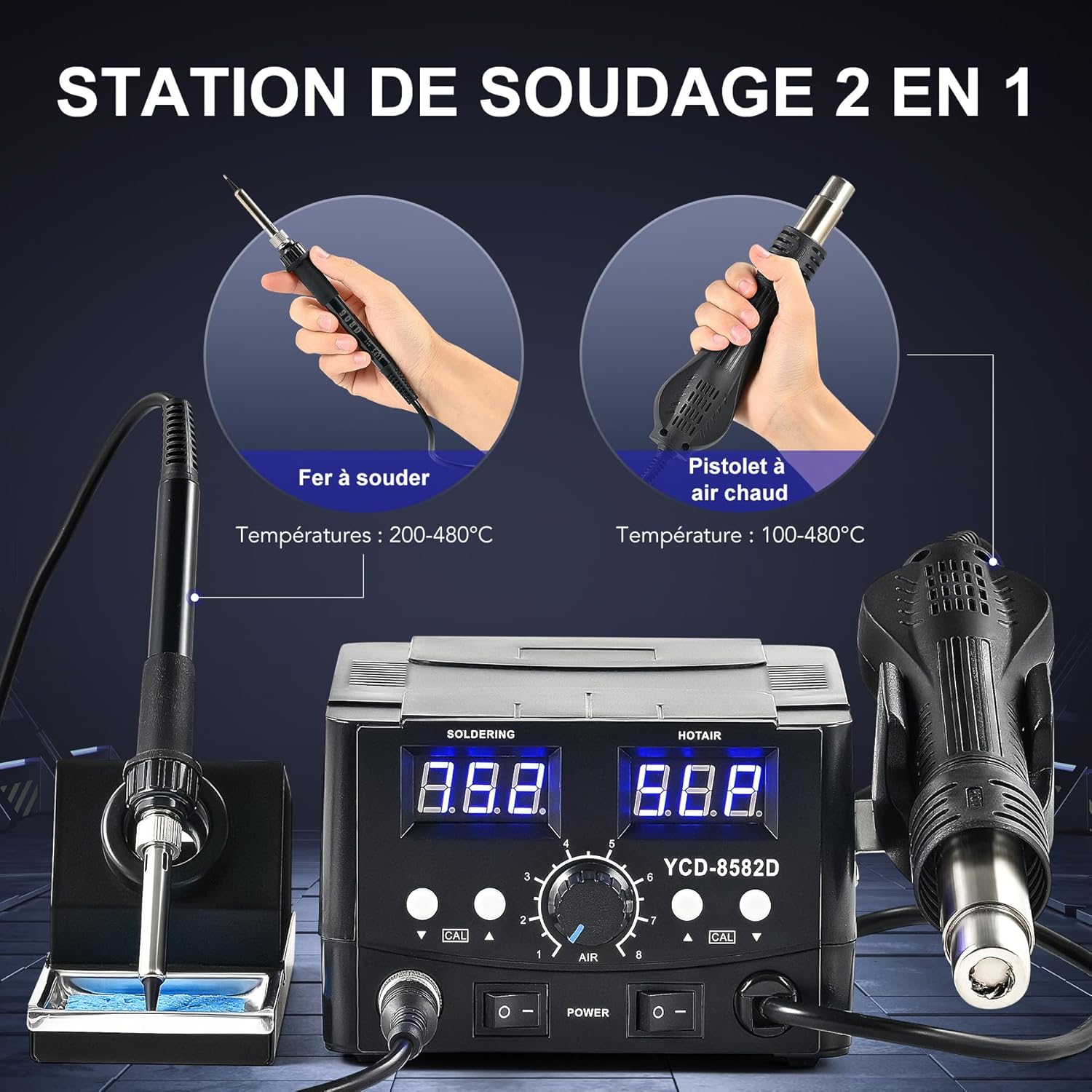 2 en 1 Station de Soudage 8582D avec Pistolet à Air Chaud 750W Fer à Souder 75W 200-480℃ Affichage LED Numérique 750W + 75W