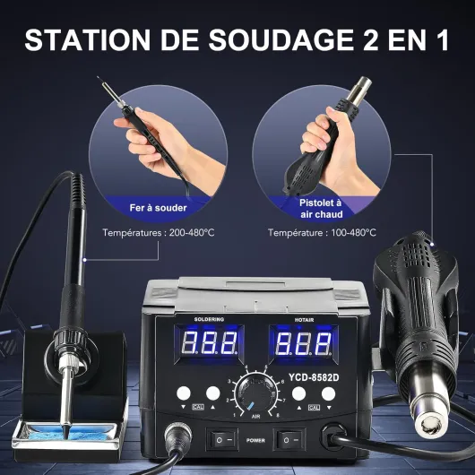 2 en 1 Station de Soudage 8582D avec Pistolet à Air Chaud 750W Fer à Souder 75W 200-480℃ Affichage LED Numérique 750W + 75W