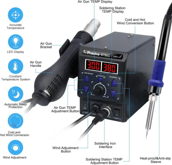 Preciva 2 en 1 Station de Soudage et de Fer à Souder à Air Chaud, Stations de Fer à Souder avec ℉/℃, D'air Froid/Chaud, Correction de Température Numérique et Fonction de Veille(EUR) 8786D