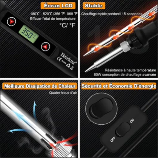 Fer à Souder Kit 80W Température Réglable 180-520°C Electronique de Precision avec Interrupteur ON/OFF, 5 Conseils de soudage, Pompe à Dessouder, Fil de Soudure, Station de Soudage, Pincettes