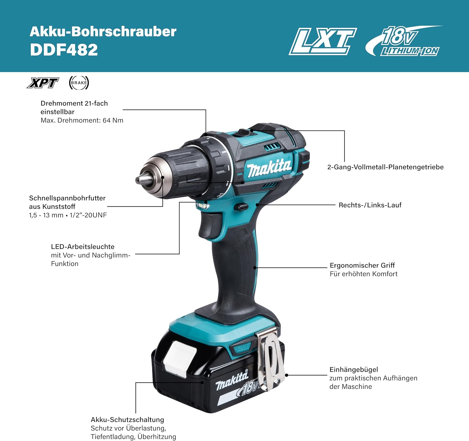 Makita DDF482Z Perceuse visseuse 60 nm 18 V Bleu Unique