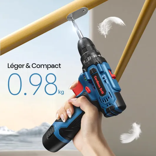 Perceuse Visseuse Devisseuse Sans Fil 12V, avec Sac et 25 Accessoires, 2000mAh Batterie, 25Nm, 25+1 Réglages de Couple, 2 Vitesse, Lumières LED, Perceuse-Visseuse pour Bricolage à Domicile 12v Blue