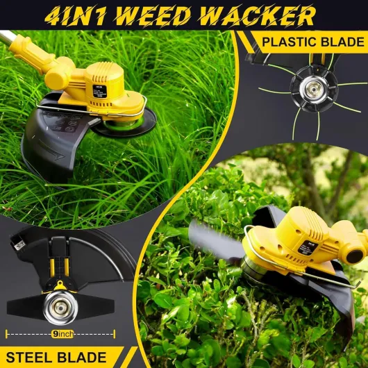 Débroussailleuse à Batterie 21V, Coupe Bordure sans Fil 4 en 1, avec 2 Batteries 4.0 Ah, Brosse Désherbage, Poignée Réglable, Tête Pivotante 90°, Diamètre de Coupe : 25 cm, pour Jardin Élagage Jaune