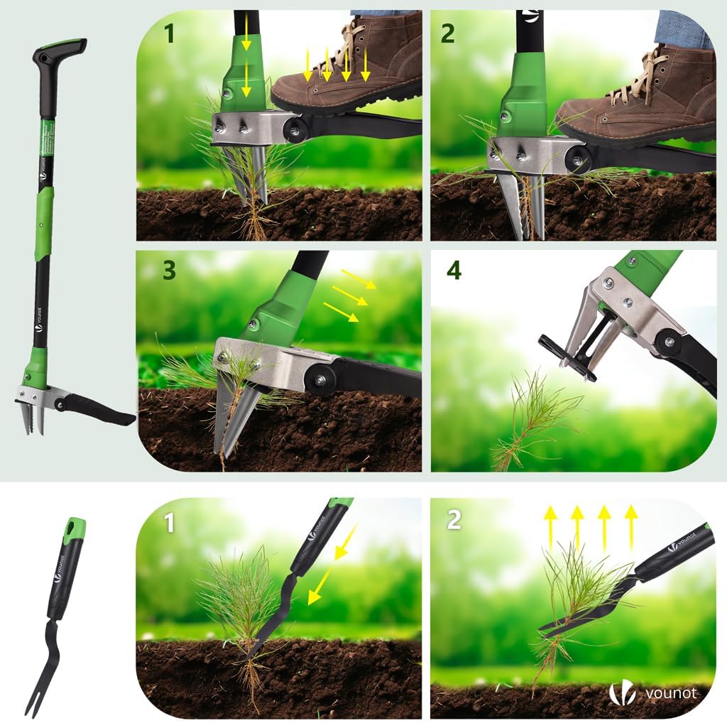 ® Désherbeur Manuel Longueur 100cm en Acier Inoxydable avec Fourchette à Main Extracteur de Mauvaises Herbes Outil de Désherbage Solide Longue Manche Idéal pour Jardin Pelouse Désherbeur + fouchette