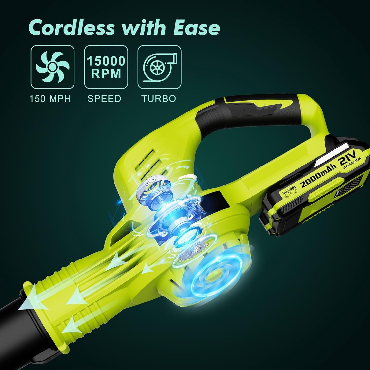 Souffleur de Feuilles sans Fil 21 V, souffleur à Feuilles avec Batterie 4,0 Ah, 3000 W, 2 Modes de Vitesse pour l'entretien de la pelouse, Le soufflage de la Neige, et Le dépoussiérage (Vert)