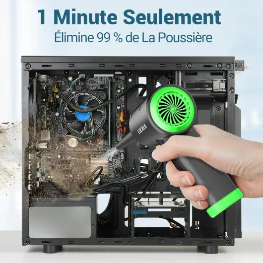 Souffleur Air Comprimé 3 Vitesses Souffleur PC - Mini Souffleur Voiture avec 6000 mAh Batterie, Lumière LED, Bombe Air Sec Nettoyage PC, Soufflette Air Comprimé Depoussierant Ordinateur, Air Duster TI25001-GRN