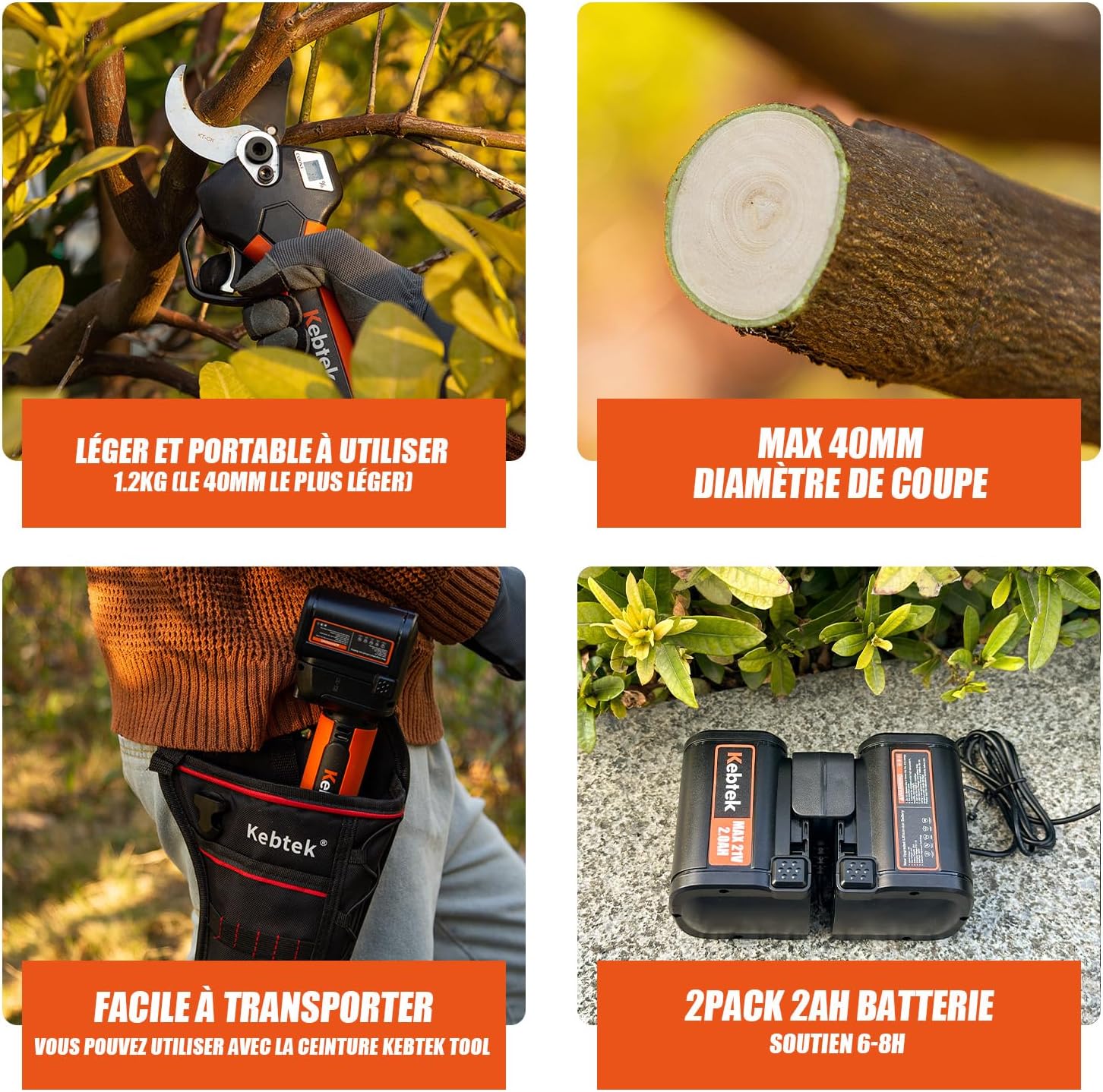 Sécateur Électrique 40mm, Professionnel Sécateur à Batteries 2x2000mAh Brushless 18V avec LCD Écran SK5 Lame pour le Vigne Arbres et Arbustes (KT940)