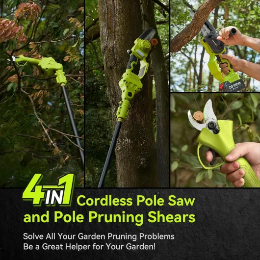 Mini Tronconneuse avec Perche 6 Pouces & Secateur Electrique Telescopique 33 mm, 4 en 1 Élagueuse sur Perche avec 2 * 4000 mAh Batteries, Portée Maximale 4,6 m Vert-kit 4 In 1