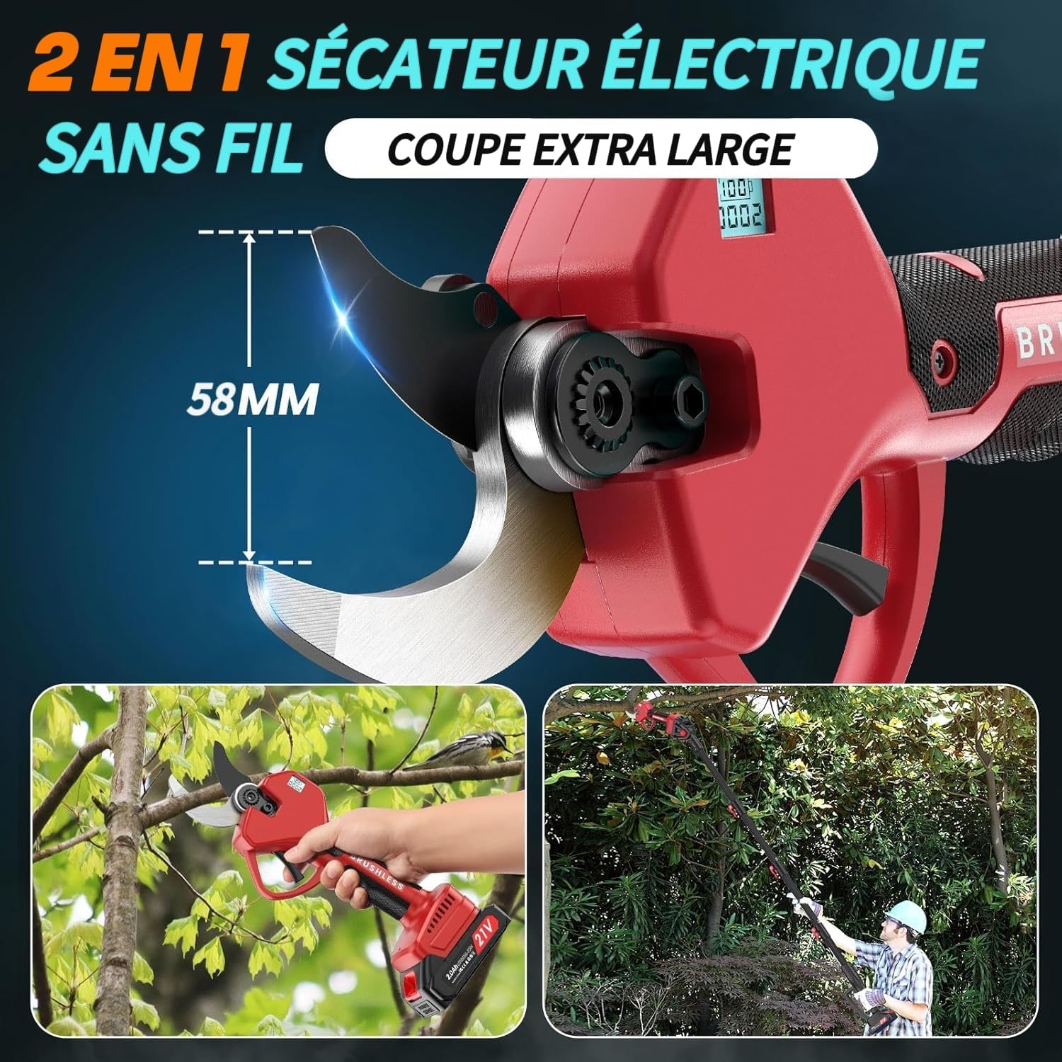 Sécateur Électrique Sans Fil avec Écran et Boîte de rangement, 50MM Secateur Electrique 2-en-1 Extensible Jusqu'à 2,3 m, Secateur Telescopique Electrique pour Jardinage, Ferme, Arbres fruitiers PS01M-R-YCG