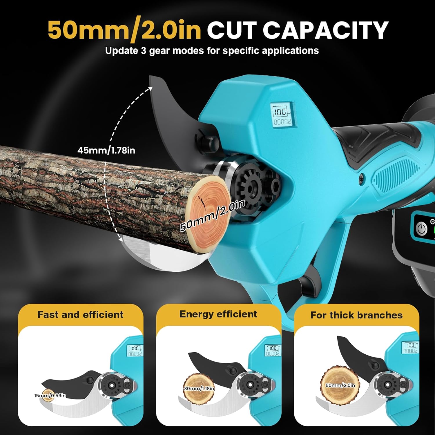 Secateur Electrique Sans Fil, Avec Sac Banane et Câble d'extension, Ouverture Max de la Lame 50mm, Sk7, 21 V 2 * 2000 mAh Batterie, Sécateur Avec Moteur Sans Balais Pour Jardinage, Arbres Fruitiers FPS50-BL