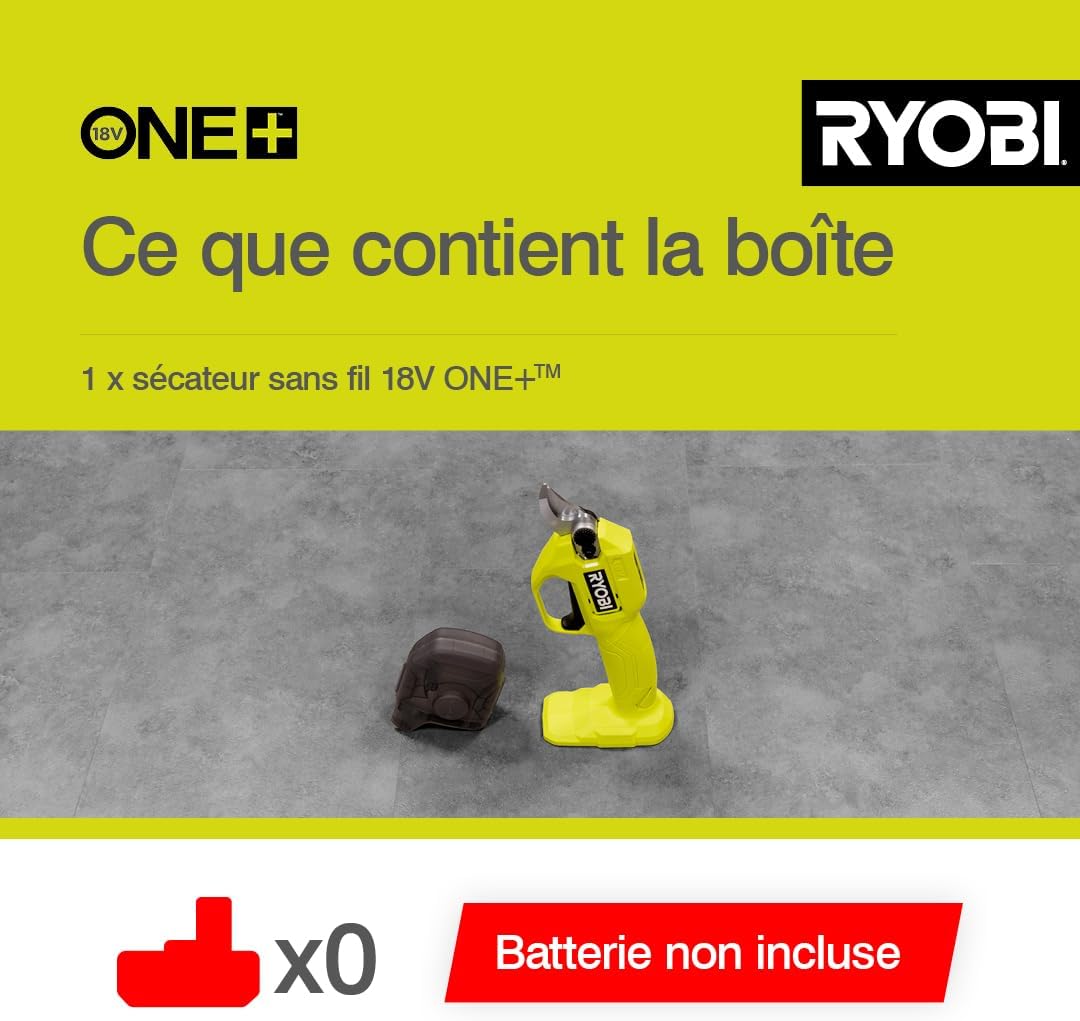Sécateur Sans Fil 18V ONE+ RY18SCA-0 – Coupe Jusqu’à 25 mm, Lame Acier, Sécurité Active – Taille Facile Branches et Rosiers – Batterie Non Incluse Sécateur sans batterie