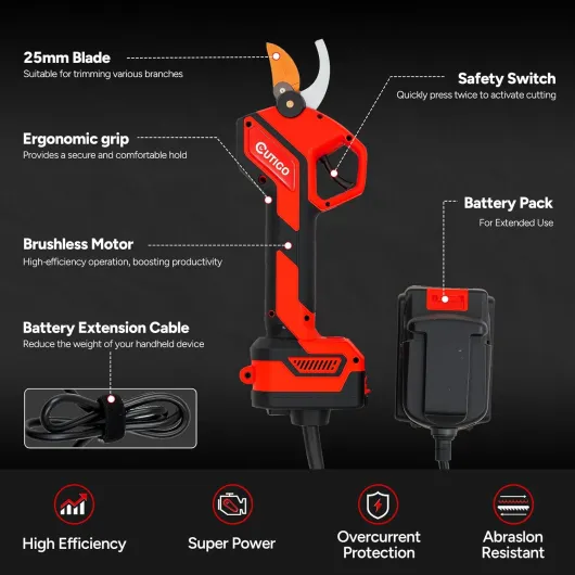 OUTIGO Sécateur Électrique Sans fil, 25mm Secateur Electrique 2 * 1500 mAh, avec 2 Batteries de21V pour la taille, le jardinage, les arbres fruitiers et le vignoble, Forbici Potatura Elettriche Traditionnel
