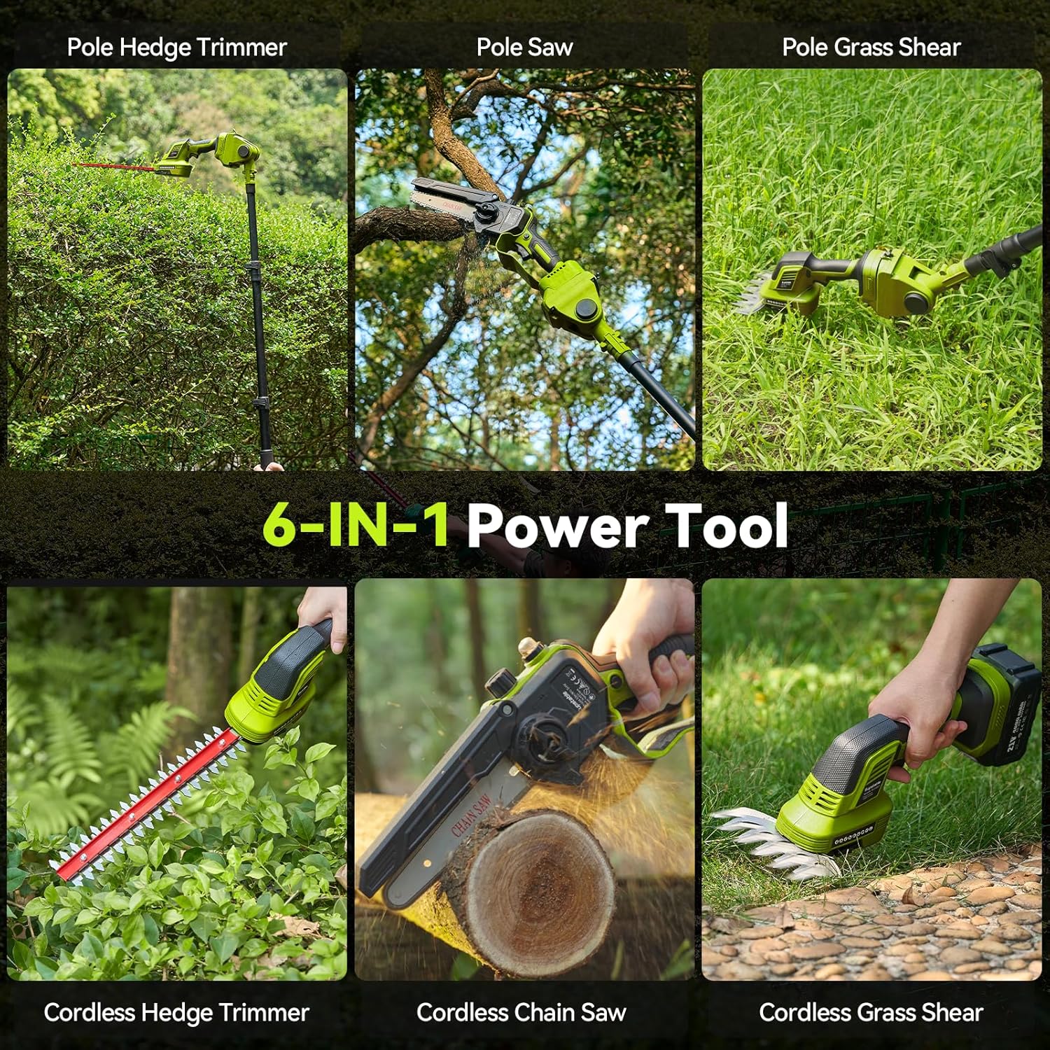 Kit de Jardin 6-en-1 Sans Fil : Mini Tronçonneuse & Taille-haie, Élagueuse télescopique avec 2×4000mAh batteries, portée jusqu’à 4,57m – Idéal pour l’entretien des arbres & le bois Vert-kit 6 In 1