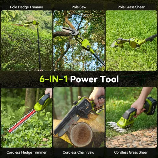 Kit de Jardin 6-en-1 Sans Fil : Mini Tronçonneuse & Taille-haie, Élagueuse télescopique avec 2×4000mAh batteries, portée jusqu’à 4,57m – Idéal pour l’entretien des arbres & le bois Vert-kit 6 In 1