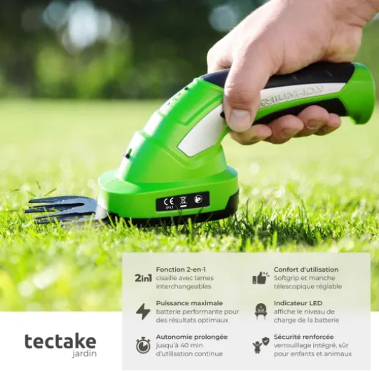 ® Taille haie Batterie Cisaille de Jardin Cisailles à Gazon Coupe Bordure Batterie avec 2 Lames différentes, Manche téléscopique et Chargeur 7,2V Batterie Lihtium ION Taille Herbe