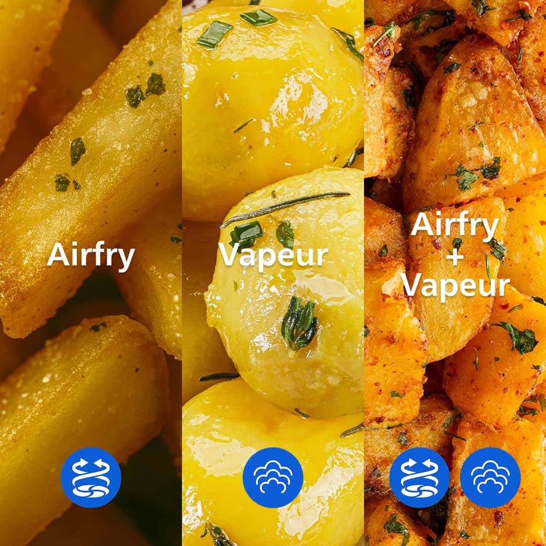 Airfryer Série 5000 - Air Fryer double panier avec cuisson vapeur, 9L, RapidAir, 19 modes de cuisson, jusqu'à 90% de matières grasses en moins, AirSteam, nettoyage vapeur, HomeID (NA550/00) Double tiroir + Fonction Vapeur