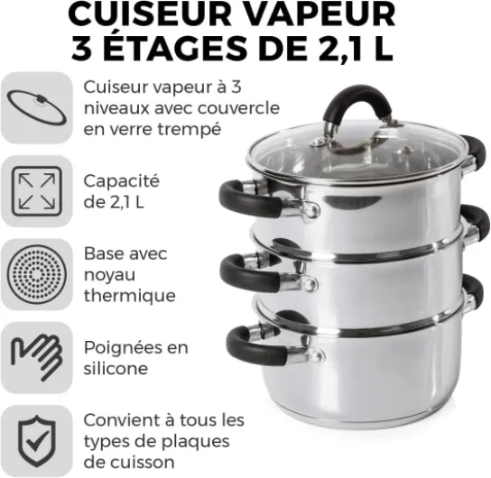 T80836 Essentials Cuiseur Vapeur à Induction à 3 Étages en Inox -avec Couvercle en Verre, Poignées en Silicone - Électrique - Finition Poli-Miroir, 18 cm, Argenté EU version