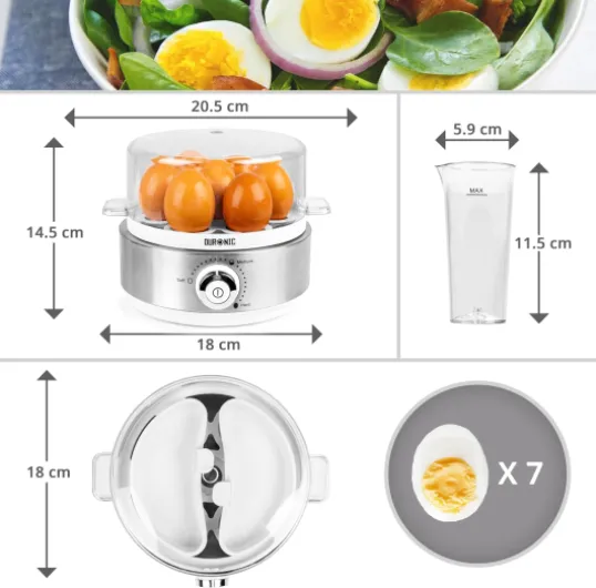 EB40 WE Cuiseur à œufs 400W 1 à 7 oeufs Thermostat et minuteur pour obtenir œufs durs ou mollets ou pochés ou à la coque avec fonction dédiée pour préparer 2 types de cuisson Sans BPA