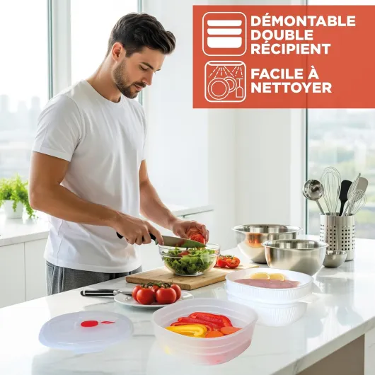 Cuiseur Vapeur Micro Onde Blanc 4L avec 2 Plateaux pour Cuit Vapeur, Boîtes Alimentaires Micro Ondes avec Couvercle - Récipient Alimentaire pour Cuisson Rapide, 26.5x22x13.5 cm, Made in Italy Cuiseur vapeur micro-ondes 4 L