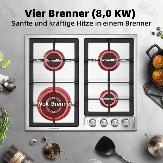GH60SF Plaque de cuisson à gaz encastrable en acier inoxydable, 4 feux, 60 cm cuisinière à gaz butane avec brûleur Wok, puissance 8000W, compatible LPG/Gaz naturel Acier Inoxydable 4 brûleurs (60 cm)