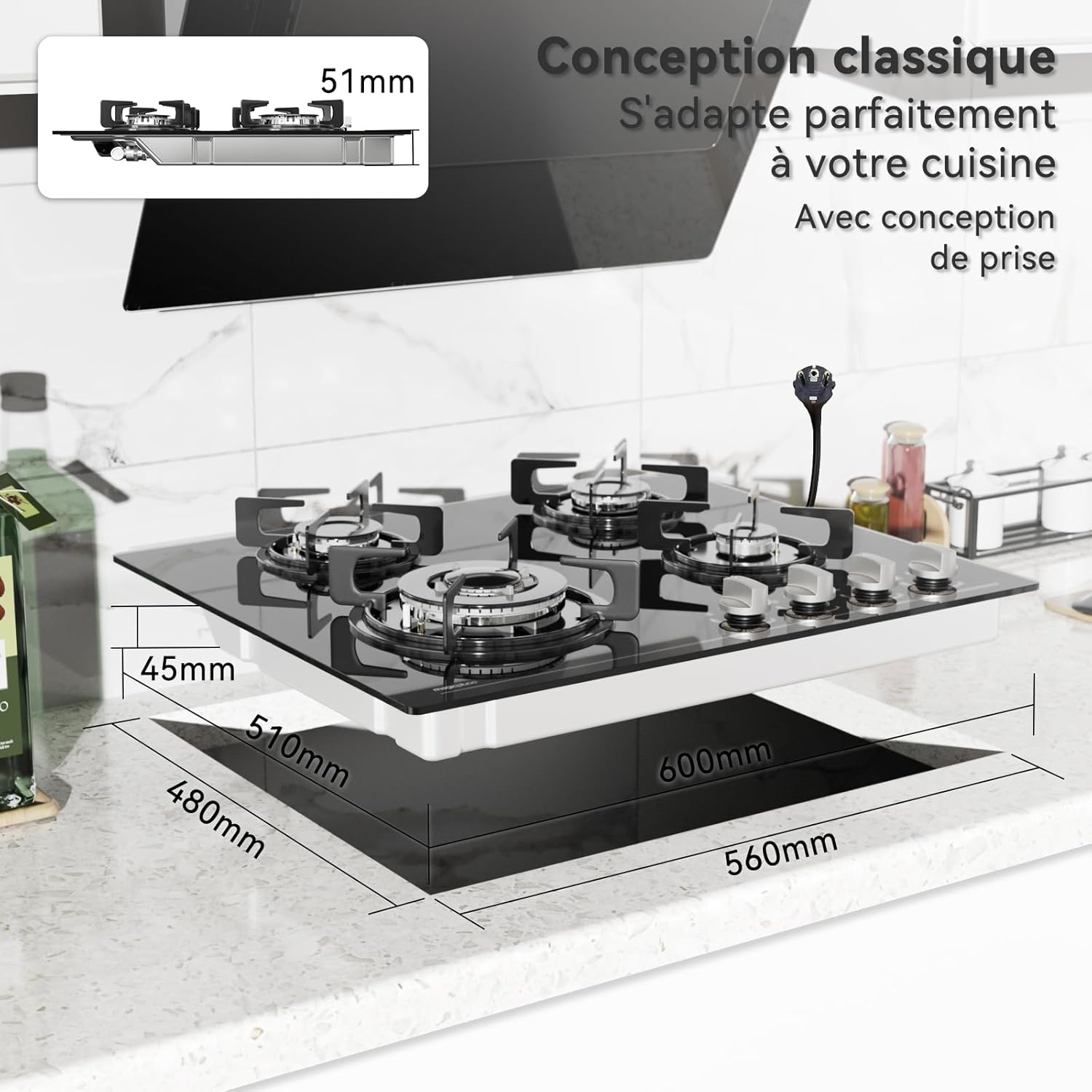 Plaque de Cuisson Gaz 4 feuxs, 60cm, Gaziniere Encastrable, Gaz ville et bouteille, 8500W 4 Brûleurs