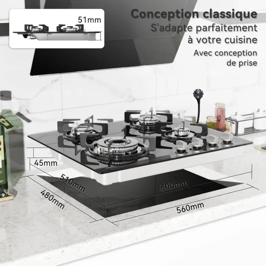 Plaque de Cuisson Gaz 4 feuxs, 60cm, Gaziniere Encastrable, Gaz ville et bouteille, 8500W 4 Brûleurs