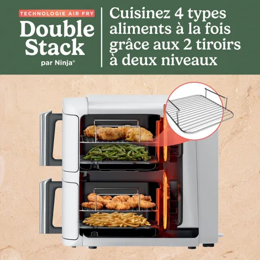 Double Stack XL Air Fryer, Friteuse sans huile Verticale Double Tiroir 4 Niveaux de Cuisson, 2 Tiroirs, 2 Grilles, Capacité de 9,5 L, 6 Fonctions, 8 Portions, Pinces, Blanc SL400EUWH Tiroir double empilable 10 cm x 10 cm x 10 cm