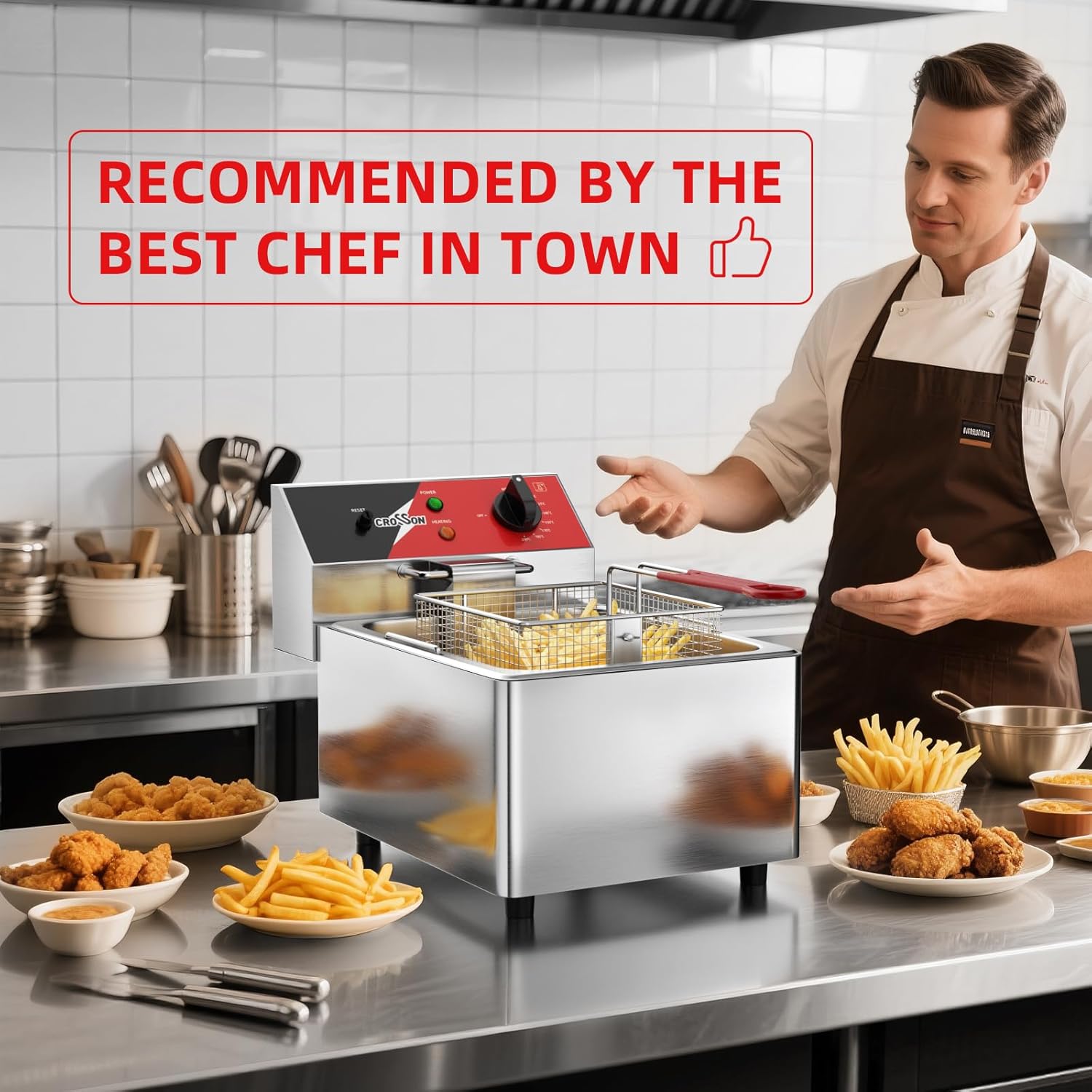 Friteuse électrique CROSSON 6L avec réservoir d’huile et poignée amovibles, panier et couvercle en treillis métallique solide, friteuses de comptoir commerciales légères - 230V, 3000W 6L+ Sans Robinet