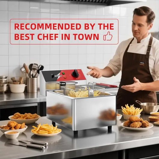 Friteuse électrique CROSSON 6L avec réservoir d’huile et poignée amovibles, panier et couvercle en treillis métallique solide, friteuses de comptoir commerciales légères - 230V, 3000W 6L+ Sans Robinet