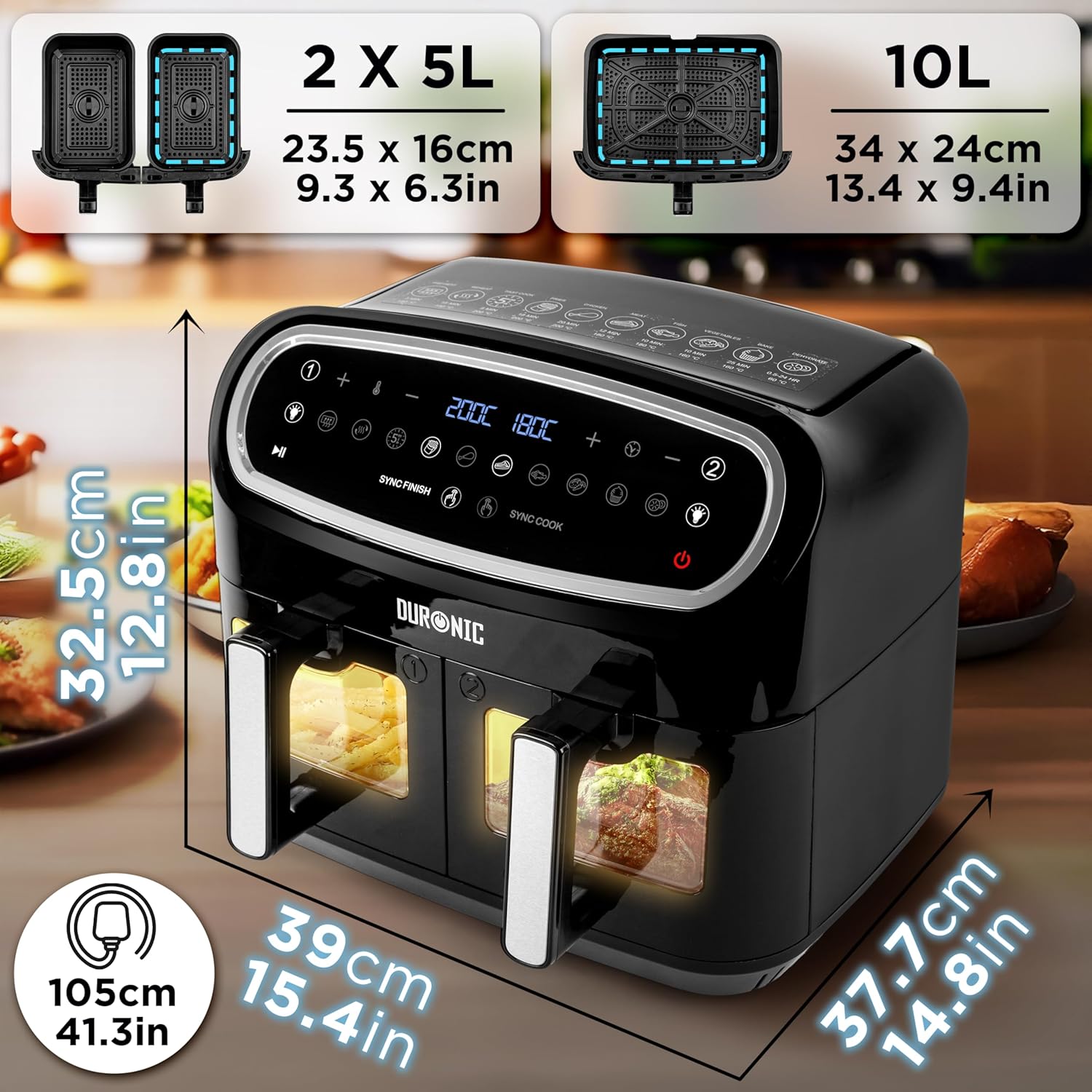 AF34 BK Set Friteuse à Air avec 1 grand tiroir de 10L et 2 petits tiroirs de 5L inclus - 10 Programmes de Cuisson Préréglés - Sans huile - Fonctions Sync Cook Sync Finish Af34 Noir/Argent avec Triple Tiroir