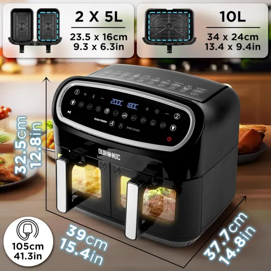 AF34 BK Set Friteuse à Air avec 1 grand tiroir de 10L et 2 petits tiroirs de 5L inclus - 10 Programmes de Cuisson Préréglés - Sans huile - Fonctions Sync Cook Sync Finish Af34 Noir/Argent avec Triple Tiroir