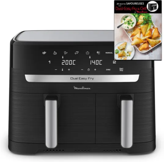 Air fryer deux compartiments + livre de 20 recettes, Capacité XXL 8,3L, Jusqu'à 8 personnes, 7 Programmes automatiques, Ecran tactile digital, Dual essential inox, YY5545FB 8,3 L + livre de recettes Noir