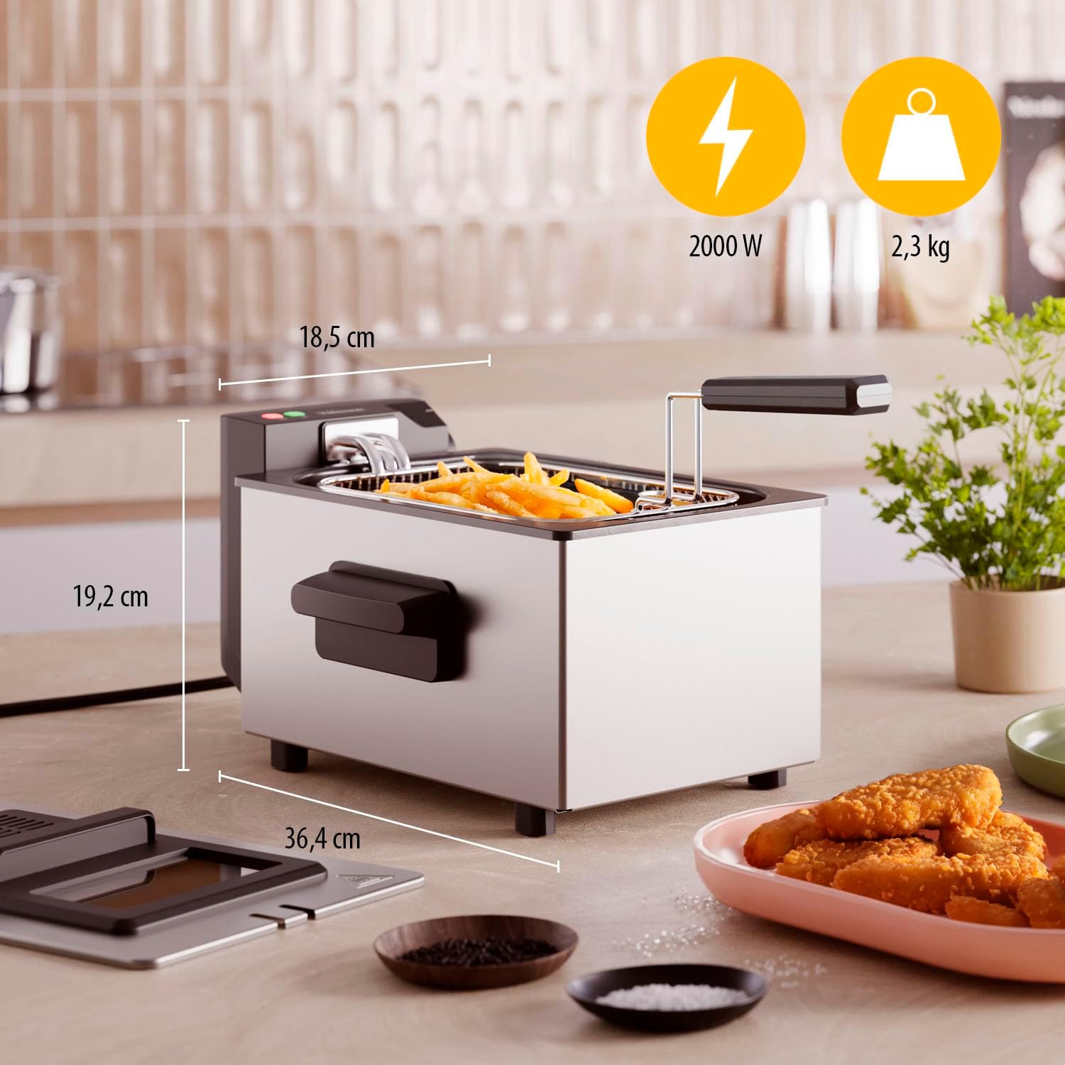 Friteuse à huile, 3L, Zone Froide, Thermostat réglable 190°C, Pièces lavables, Fenêtre, Rangement pour câble, Protection surchauffe, Design compact, FR-9327 Compact Avec fenêtre