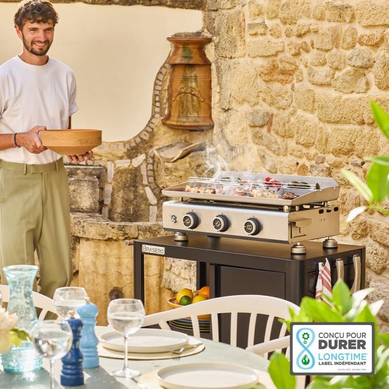 BRASERO - Plancha Silvia EVO 3 Feux Brasero - Plaque Inox de 67 x 34 cm - 3 brûleurs - Grille de réchauffement - Piezo intégré - Tiroir Graisse avec jauge de niveu - Jusqu'à 10 convives - 7,95 KW