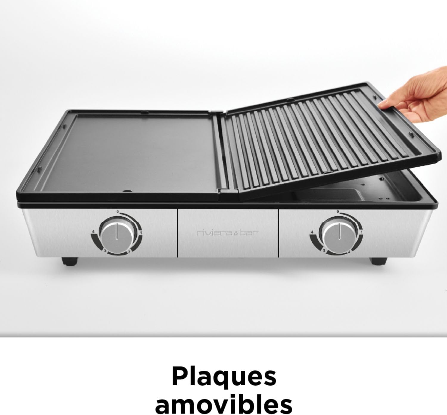 Riviera&bar Combiné Plancha Grill Professionnelle - Bi-Zone, 1910 cm² de Cuisson Réglable, Plaques Inclinées avec Évacuation des Graisses, Thermostats Indépendants - Pour 8 à 10 Personnes - Inox