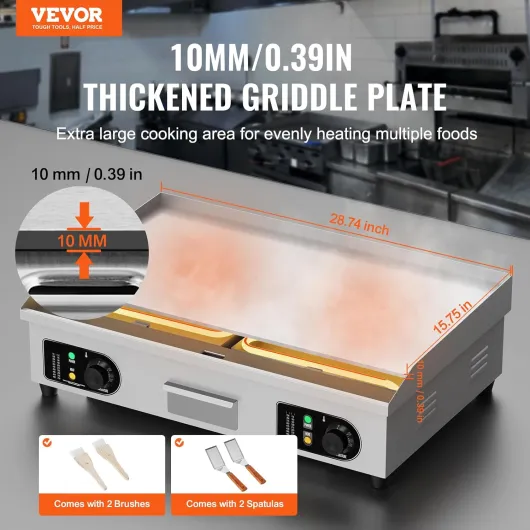 Plancha Électrique 4400 W, Plaque à Snacker Commerciale, Plaque de Cuisson en Fer et Acier Inoxydable, Température Réglable 50-300 °C, 2 Pelles et 2 Brosses, pour Barbecue Restaurant Snack-Bar