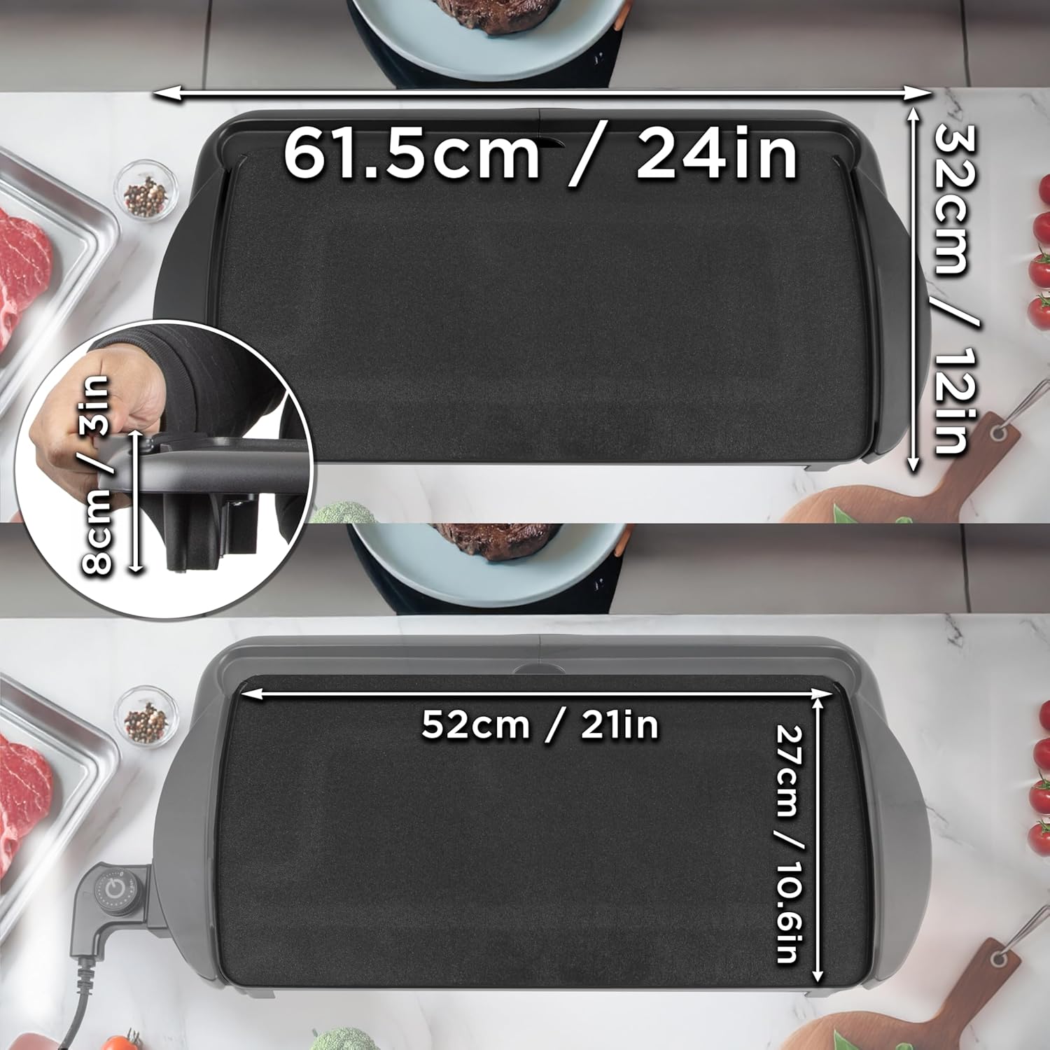 GP20 Plancha électrique antiadhésive XL 6 à 8 personnes 2000W 52 x 27 cm avec thermostat et bac à jus amovible Cuisson sans ajout de matière grasse idéal pour soirée en famille et amis